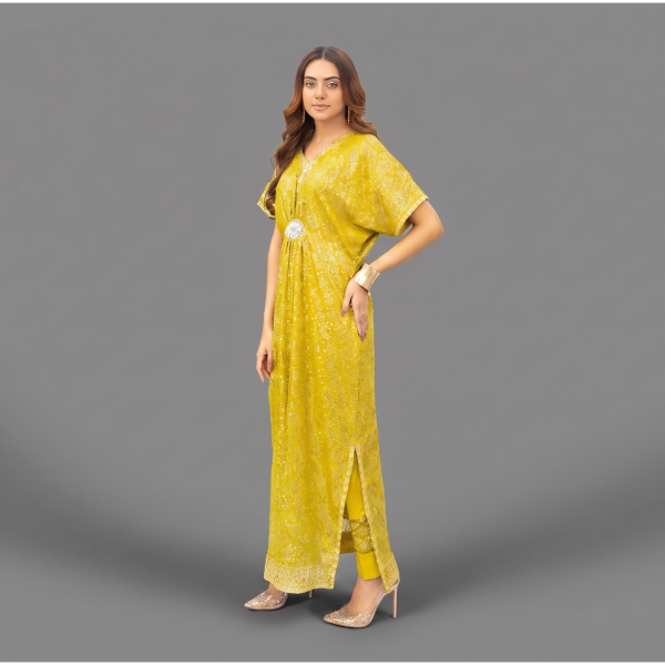 Manahil Embellished Mustard Yellow Kaftan Set