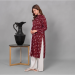 Deep Maroon Printed Kurta Set with Contrasting White Organza Dupatta
