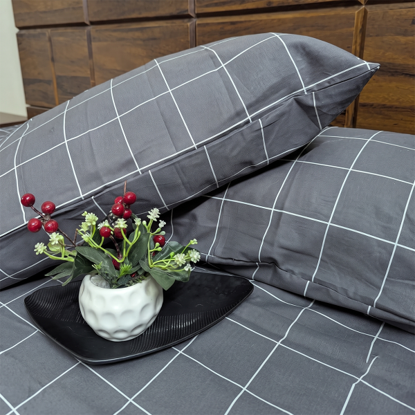 Charcoal Grid  Cotton Double Bedsheet With Pillow Set