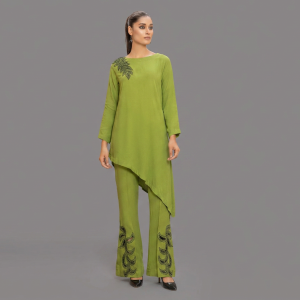 Lime Zest Asymmetric Tunic and Bell-Bottom Set with Black Vine Embroidery