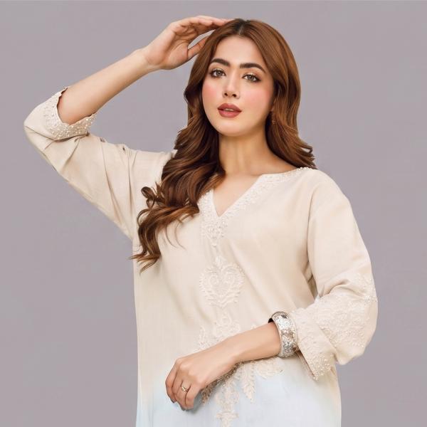 Ombré Horizon Silk Tunic with Ivory Chikankari-Style Embroidery