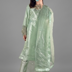 Mint Green Minimalist Silk Co-ord Set with Floral Threadwork