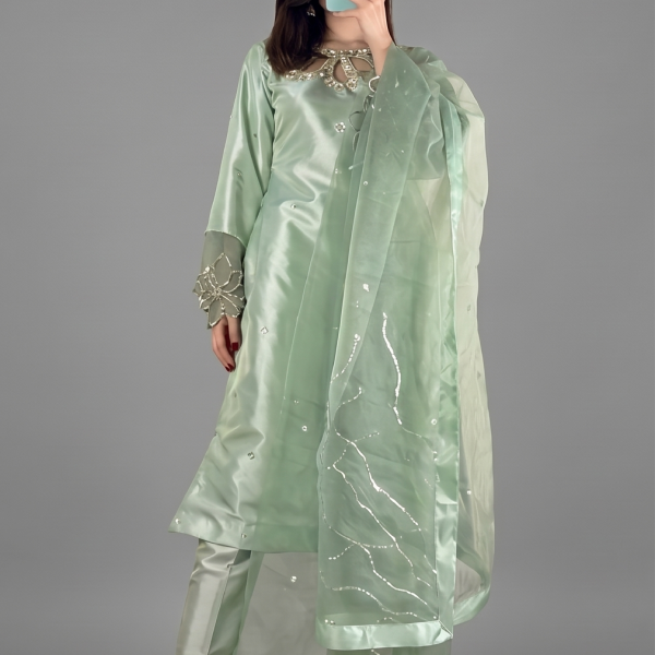 Mint Green Minimalist Silk Co-ord Set with Floral Threadwork