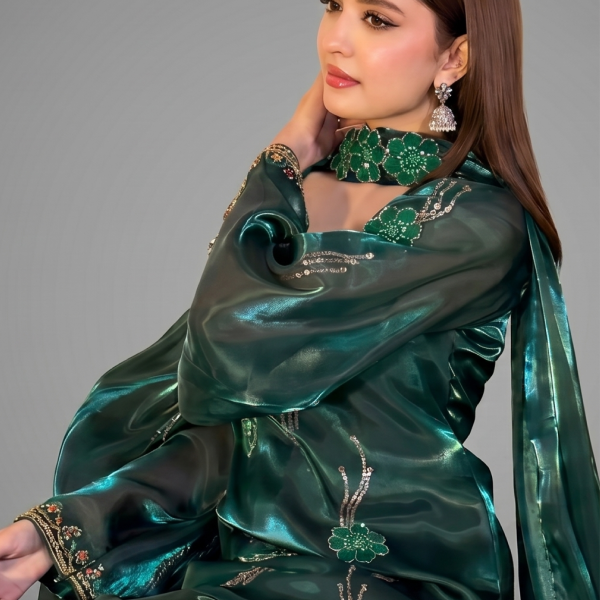 Emerald Green Minimalist Silk Co-ord Set with Floral Embellishments