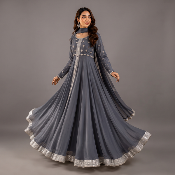 Slate Grey Embellished Maxi Dress Suit