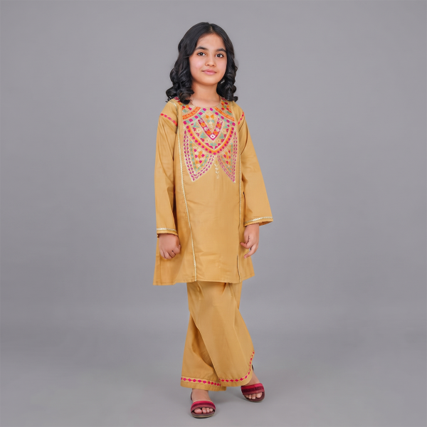Mustard Gold Multicolor Embroidered Girls’ Suit