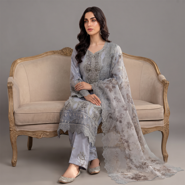 Slate Grey Embroidered Chiffon Suit