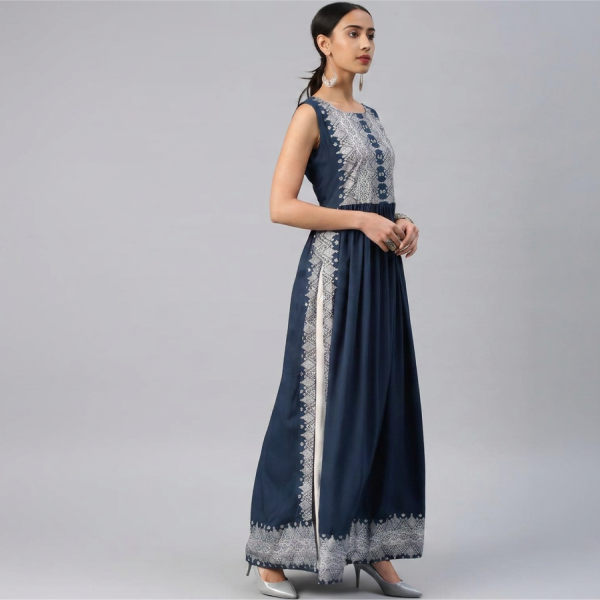 Chic Indigo Blue Printed Fusion Dress with Flared Inner Skirt