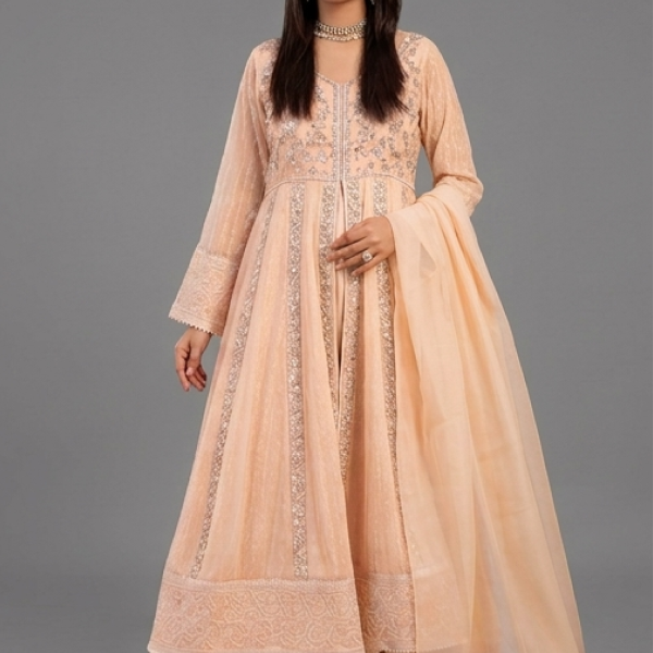 Peach Minimalist Embroidered Organza Co-ord Set