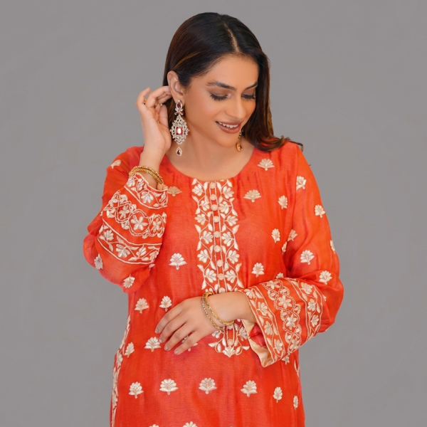 Coral Nectar Embroidered Silk Set