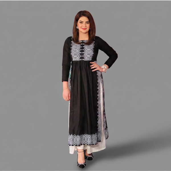 Women’s Black Printed Straight Tunic with White Patterned Dupatta and Trousers