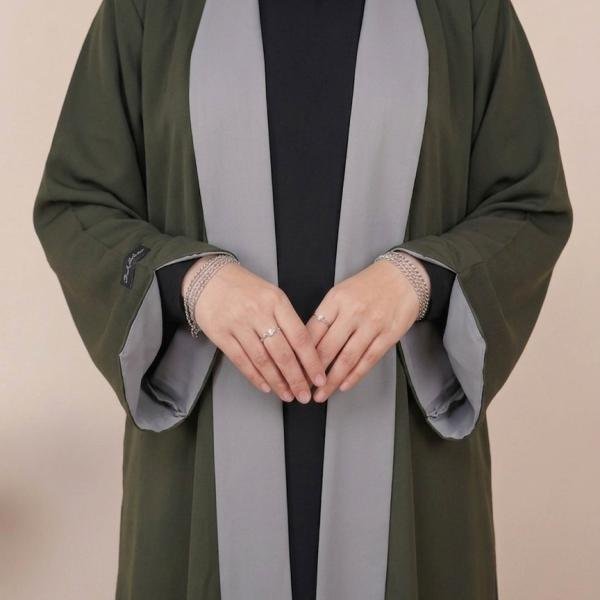 Olive Green & Sage Contrast Open Abaya