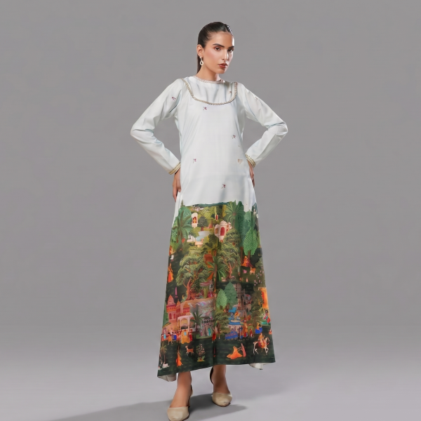 Ice Blue Digital Printed Mughal Scenery Silk Kaftan