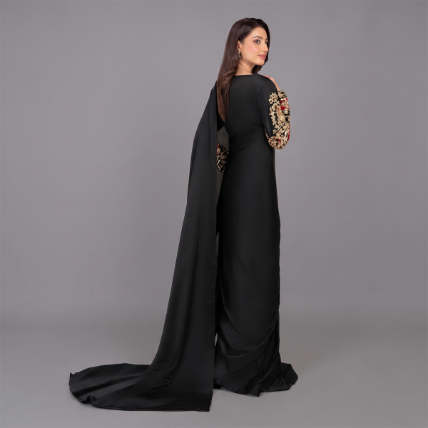 Elegant Black Satin Saree with Embellished Sleeves
