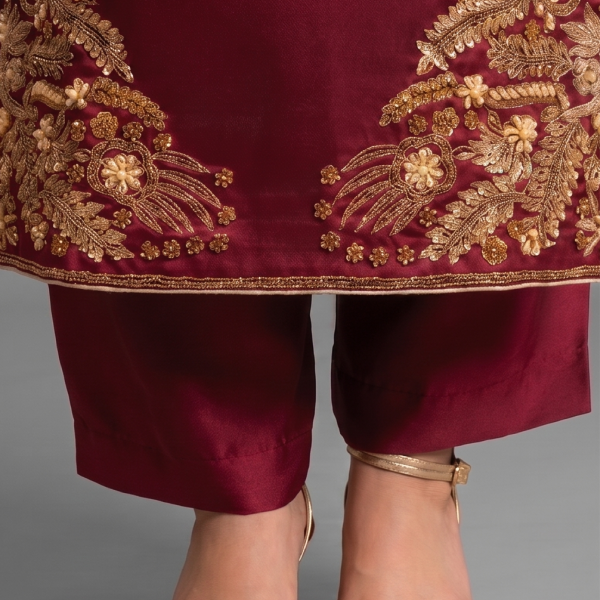 Deep Maroon Embellished Kurta with Matching Trousers