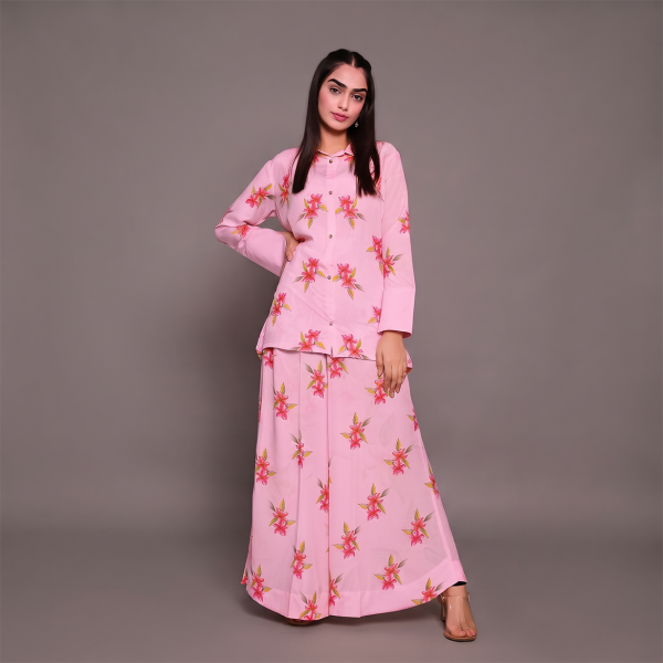 Pink Floral Button-Down Shirt and Wide-Leg Pants Co-ord