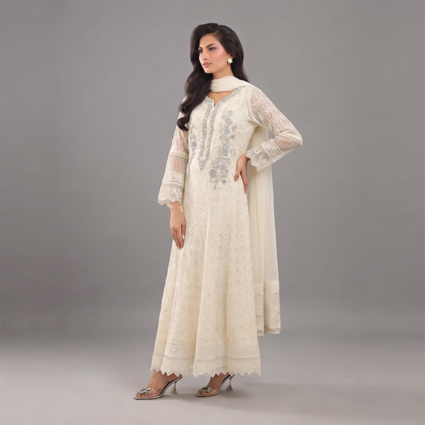 Ivory Chikankari Anarkali Suit with Embroidered