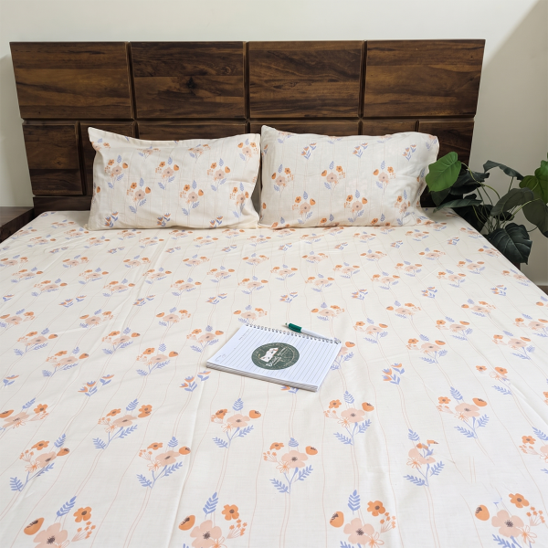 Peach Blossom Floral Cotton Double Bedsheet With Pillow Set