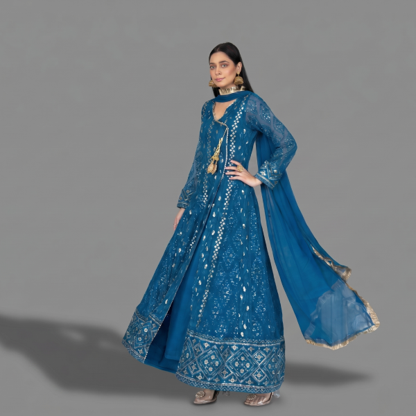 Teal Blue Angrakha-Style Embellished Anarkali Suit Set
