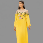 Sunshine Yellow Kaftan-Maxi with Sheer Floral Embroidered Yoke