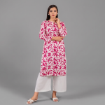 Magenta Pink Floral Printed Kurta with Solid White Wide-Leg Palazzo Pants Set