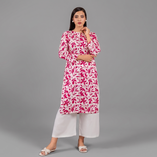 Magenta Pink Floral Printed Kurta with Solid White Wide-Leg Palazzo Pants Set