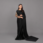 Elegant Black Satin Saree with Embellished Sleeves