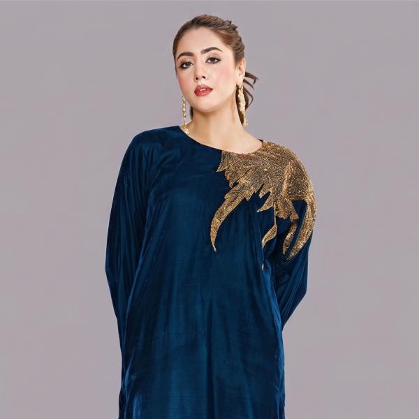 Royal Teal Velvet Tunic Set with Ornate Gold Wing Embroidery