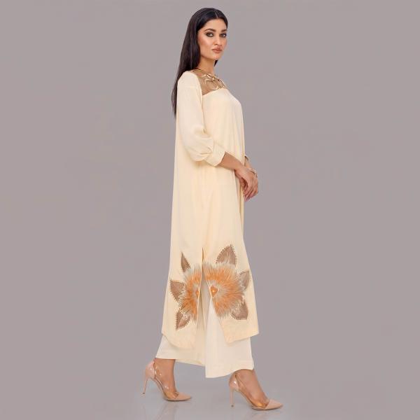 Charcoal Slate Straight-Cut Kurta with Intricate Ivory Floral Border