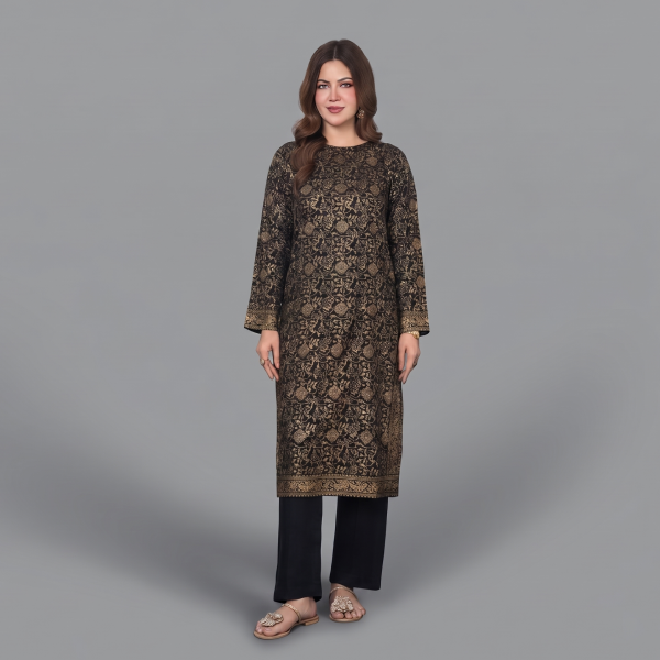 Charcoal Black & Antique Gold Metallic Lattice 2-Piece Tunic Set