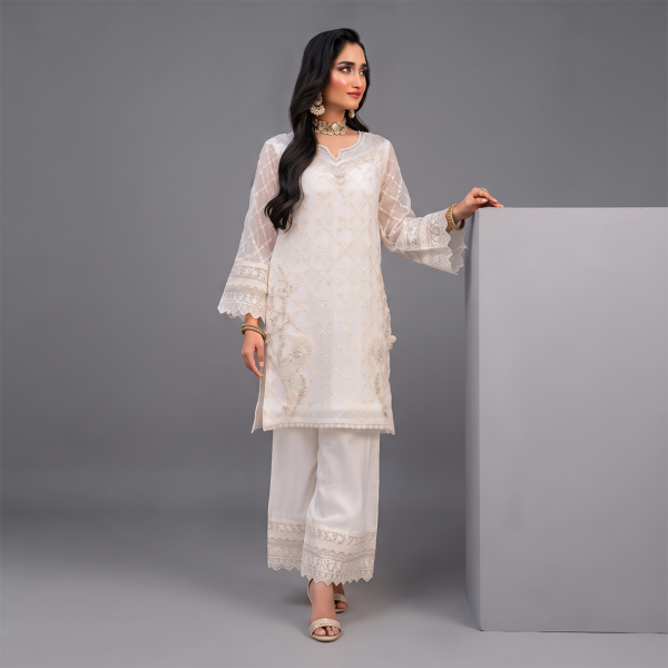 Ivory Embellished Organza Kurta with Pants