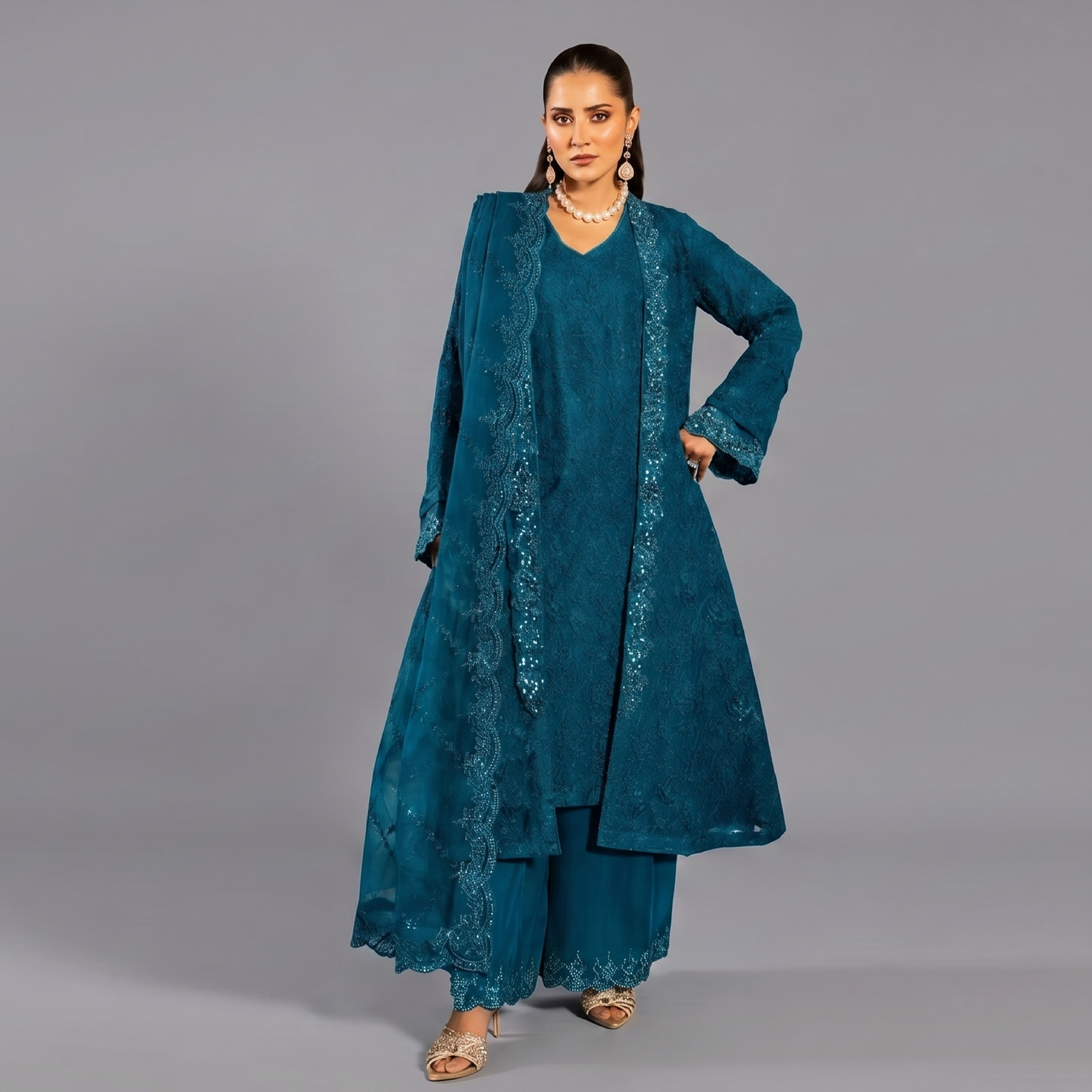 Ethereal Teal Embroidered Ensemble with Coordinating Dupatta