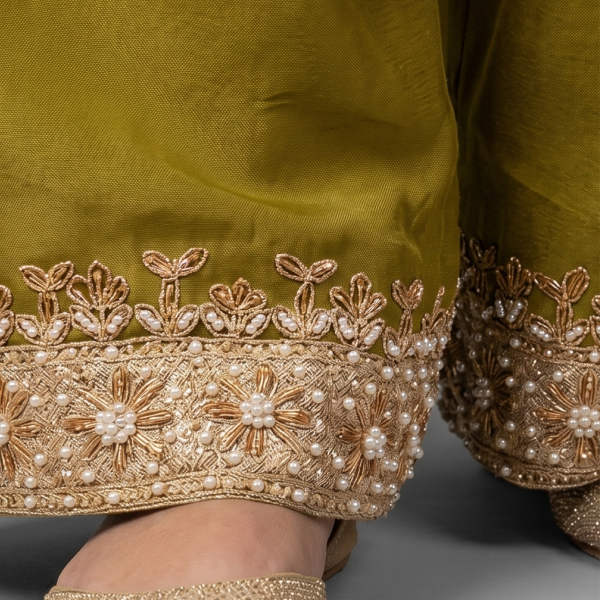 Olive Green Embellished Kurta with Matching Wide-Leg Trousers