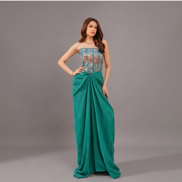 Emerald Muse Strapless Corset Draped Gown