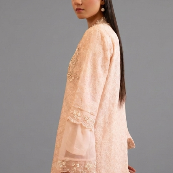 Peach Organza Embellished Kurta with Wide-Leg Trousers and Dupatta Set