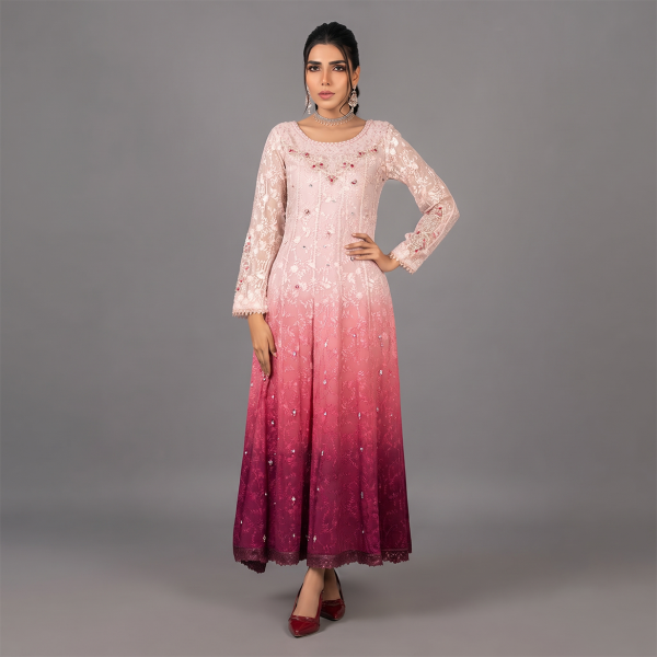 Embroidered Pink Ombré Maxi Dress