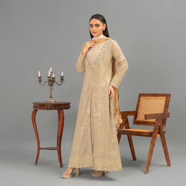 Manahil Shimmering Champagne Gold 3-Piece Festive Sequin Gown Set