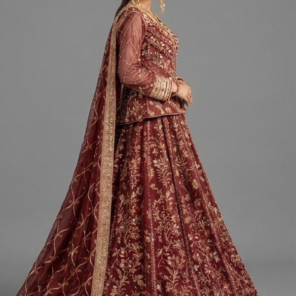 Maroon Minimalist Embellished Organza Anarkali Set