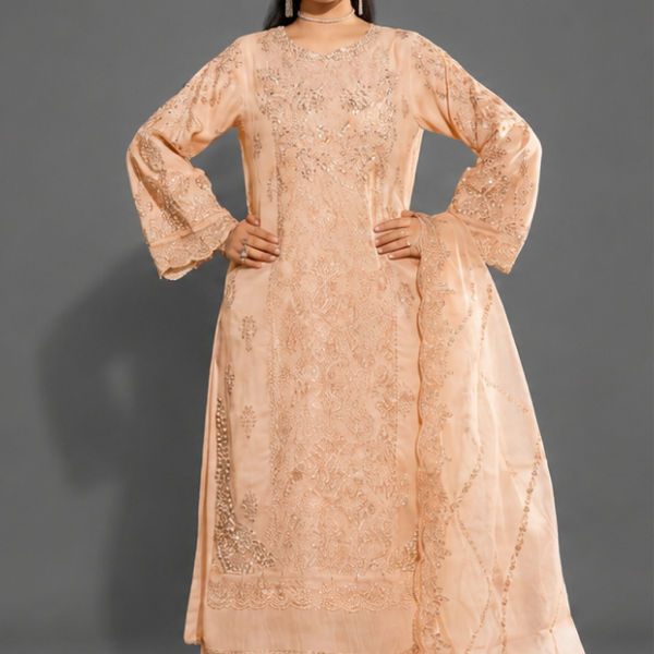 Peach Minimalist Embroidered Organza Co-ord Set