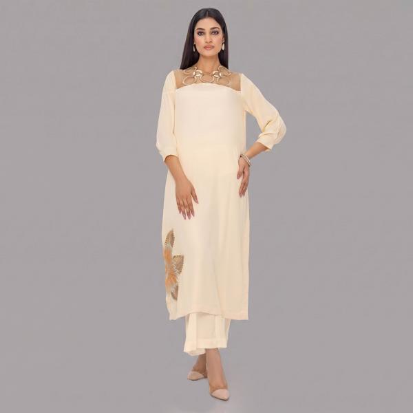 Charcoal Slate Straight-Cut Kurta with Intricate Ivory Floral Border
