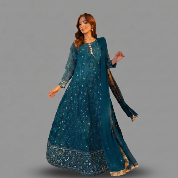 Embellished Teal Kalidaar Anarkali Set