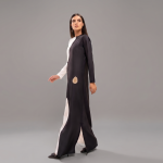 Monochrome Illusion Color-Blocked Abaya Gown with Zari Emblem