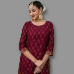 Elegant Maroon & Gold Printed Kurta Set – 2-Piece Ethnic Outfit with Wide-Leg Trousers