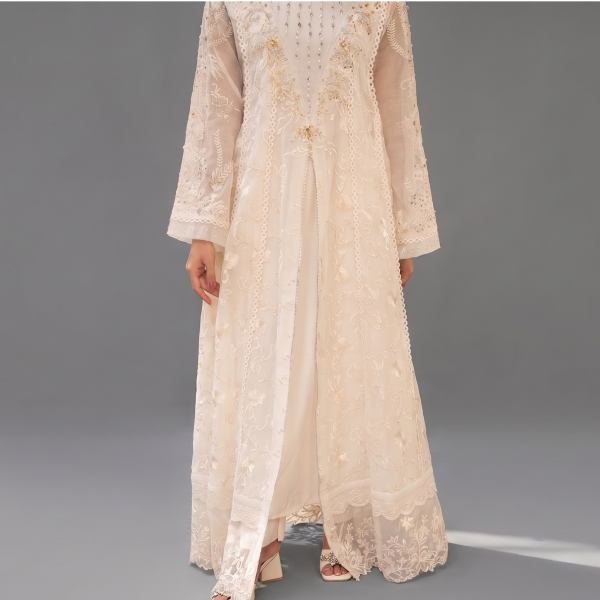 Manahil Embroidered Pearl Ivory 3-Piece Organza Festive Maxi Suit