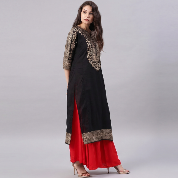 Elegant Black and Gold Printed Kurta with Contrast Red Palazzo Pants