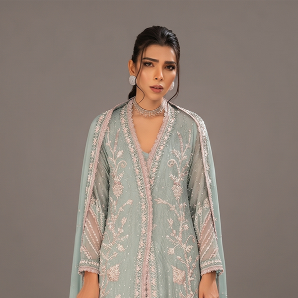 Embroidered Sage Green Open Jacket