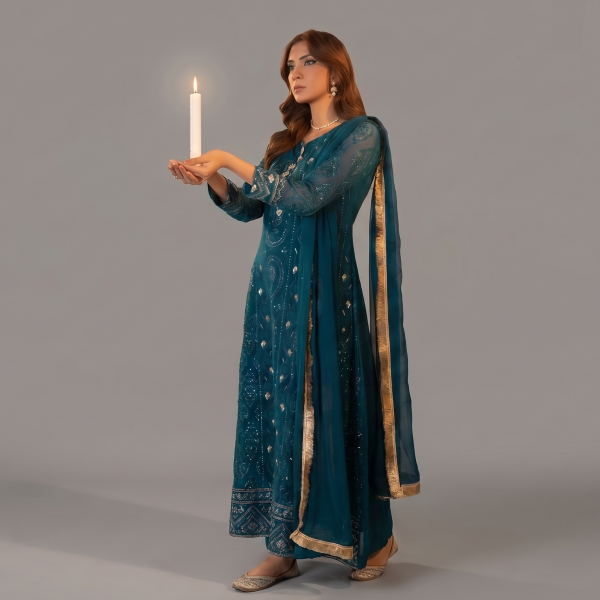 Embellished Teal Kalidaar Anarkali Set