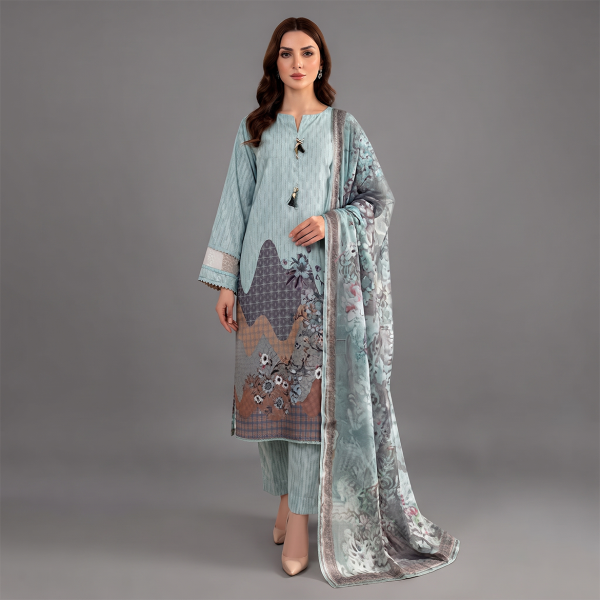Aqua Blue Printed and Embroidered Suit