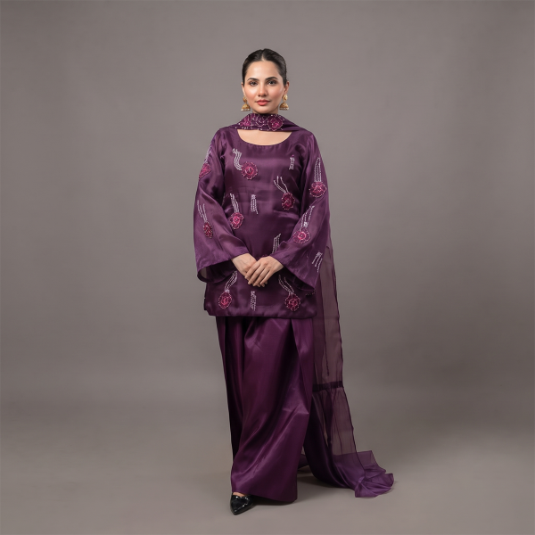 Royal Amethyst Floral Embroidered Silk Suit
