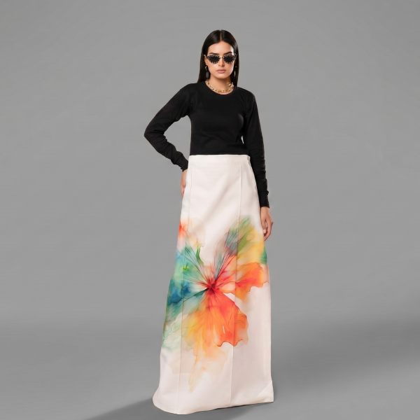 Chromatic Bloom Contrast Maxi Dress with Watercolor Floral Skirt